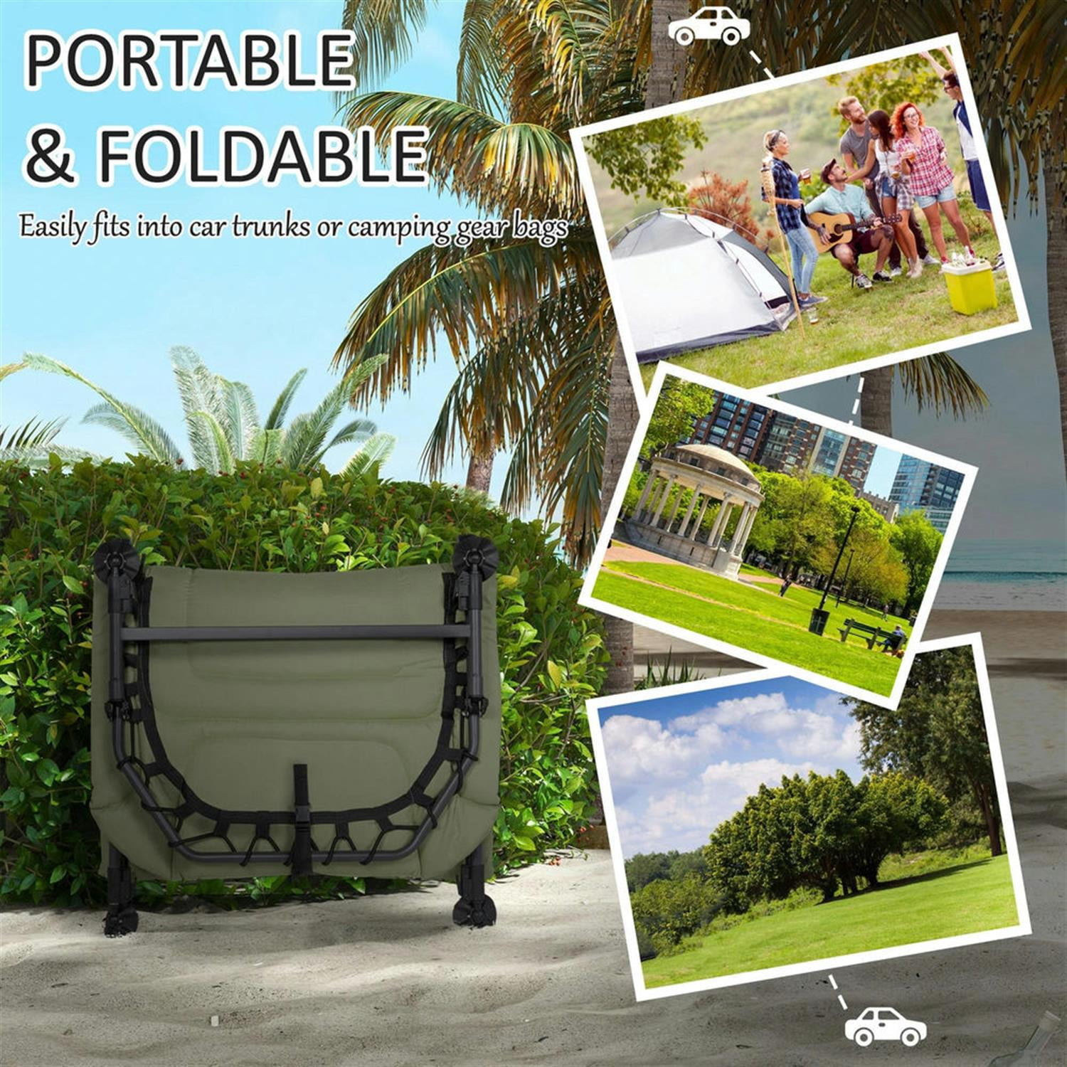 Demi Bonn Heavy Duty Camping Cot, Outdoor Portable Folding Bed with Comfortable Padded Cushion, 180° Reclining Backrest, 400 lbs Weight Limit, Green