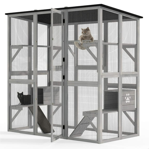 Uforic Cat Catio 4 Tiers Cat Enclosures House for Outdoor Indoor Cats with Weatherproof Roof, 3 Resting Rooms, 5 Platforms,71" H 71" L