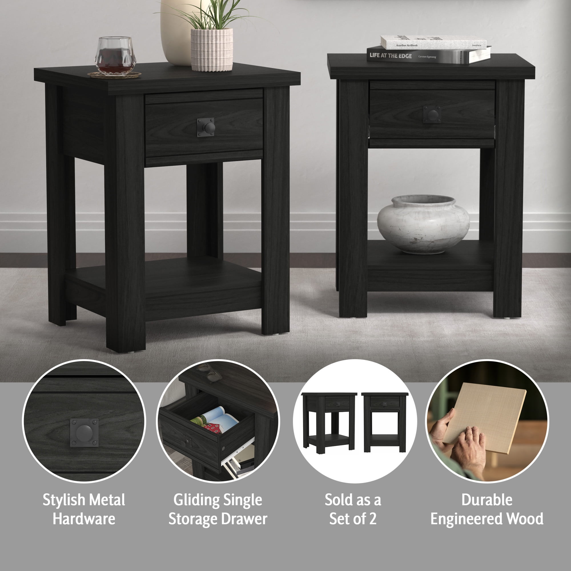 Hillsdale Addison Farmhouse 1 Drawer Nightstand, Set of 2, Black Oak