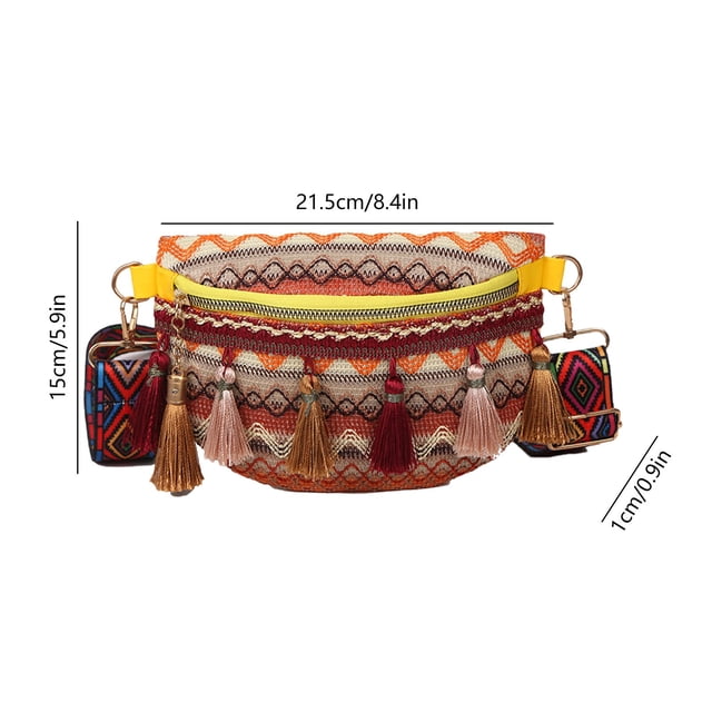 Bolso Crossbody Fringe Bolso de Hombro Tejido Tradicional de Borla para Mujeres, Bolso de Cintura Étnica, Bolso Crossbody Impreso Tribal