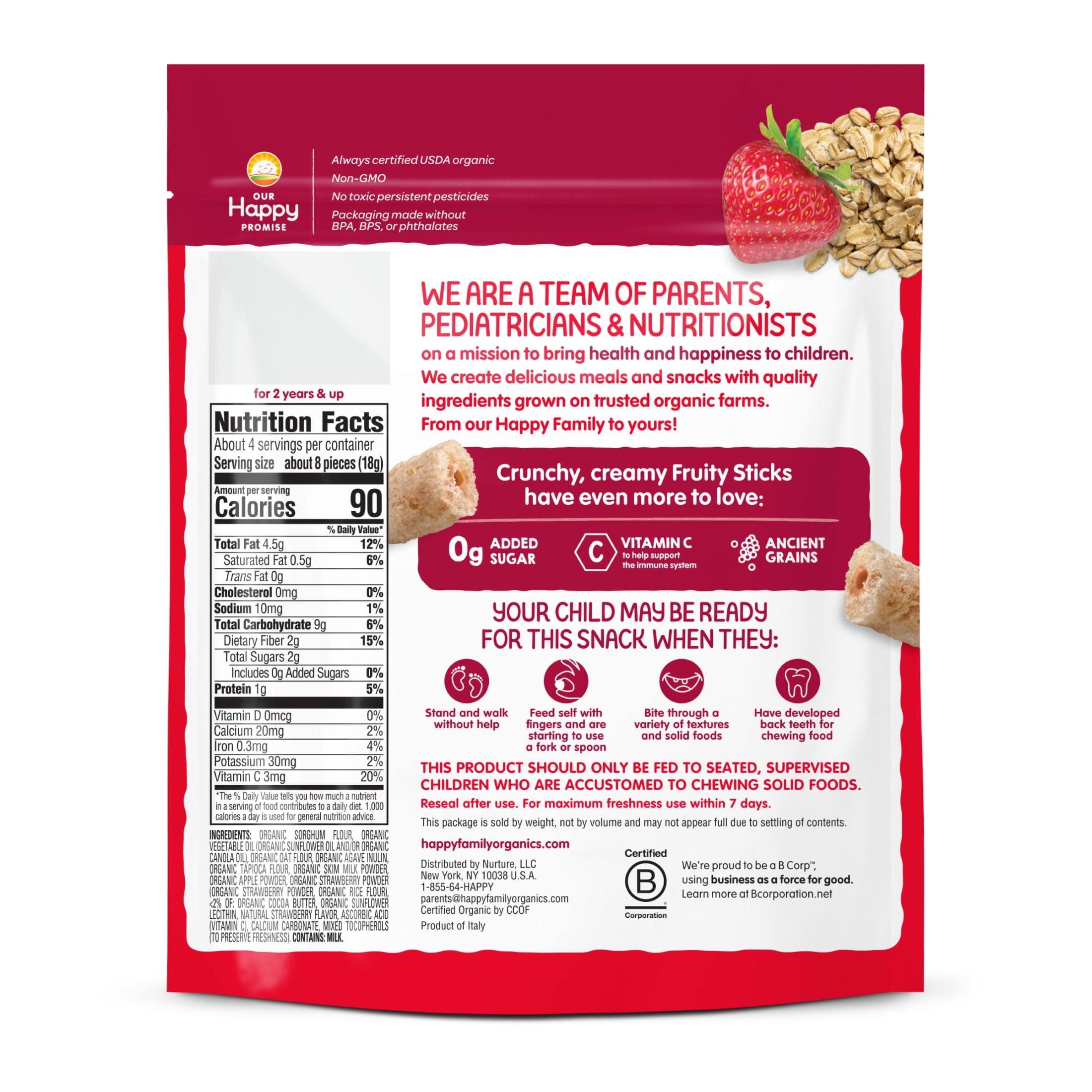 Happy Tot Organics Fruity Sticks, Strawberry Oat Filled Grain Sticks Organic Tot Snack, 2.54oz Bag