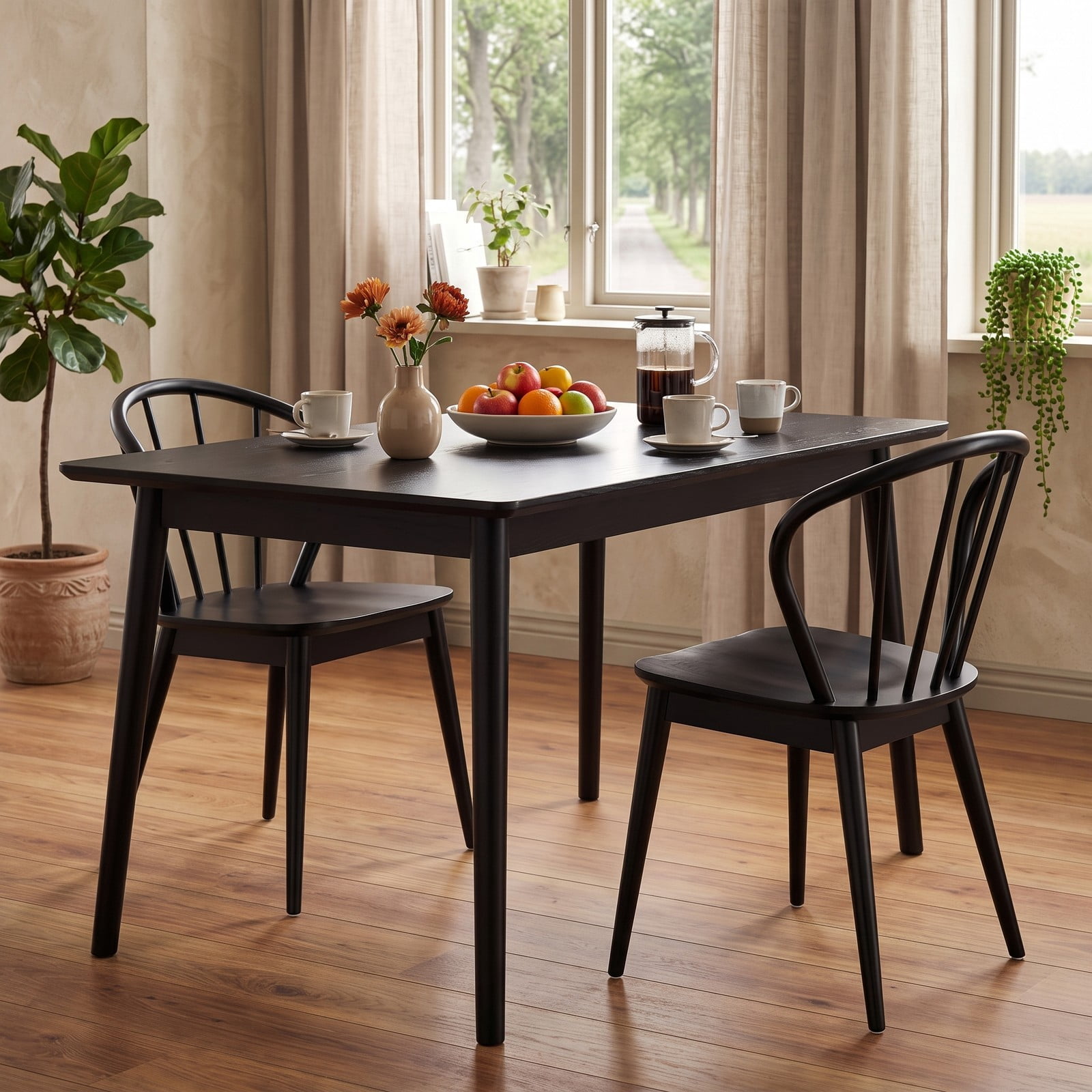 Furnibear Wooden Dining Chair Set of 2, High Spindle Back Kitchen Side Chairs with Wide Seat, Solid Rubber Wood Frame Armless Accent Chairs for Dining, Walnut Black