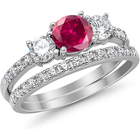 Gems Jewels 925 Sterling Silver 2.00 Ct Round Cut Red Ruby Christmas Thanksgiving Engagement Wedding Bridal Ring Set 14K White Gold Plated For Women's -4.5