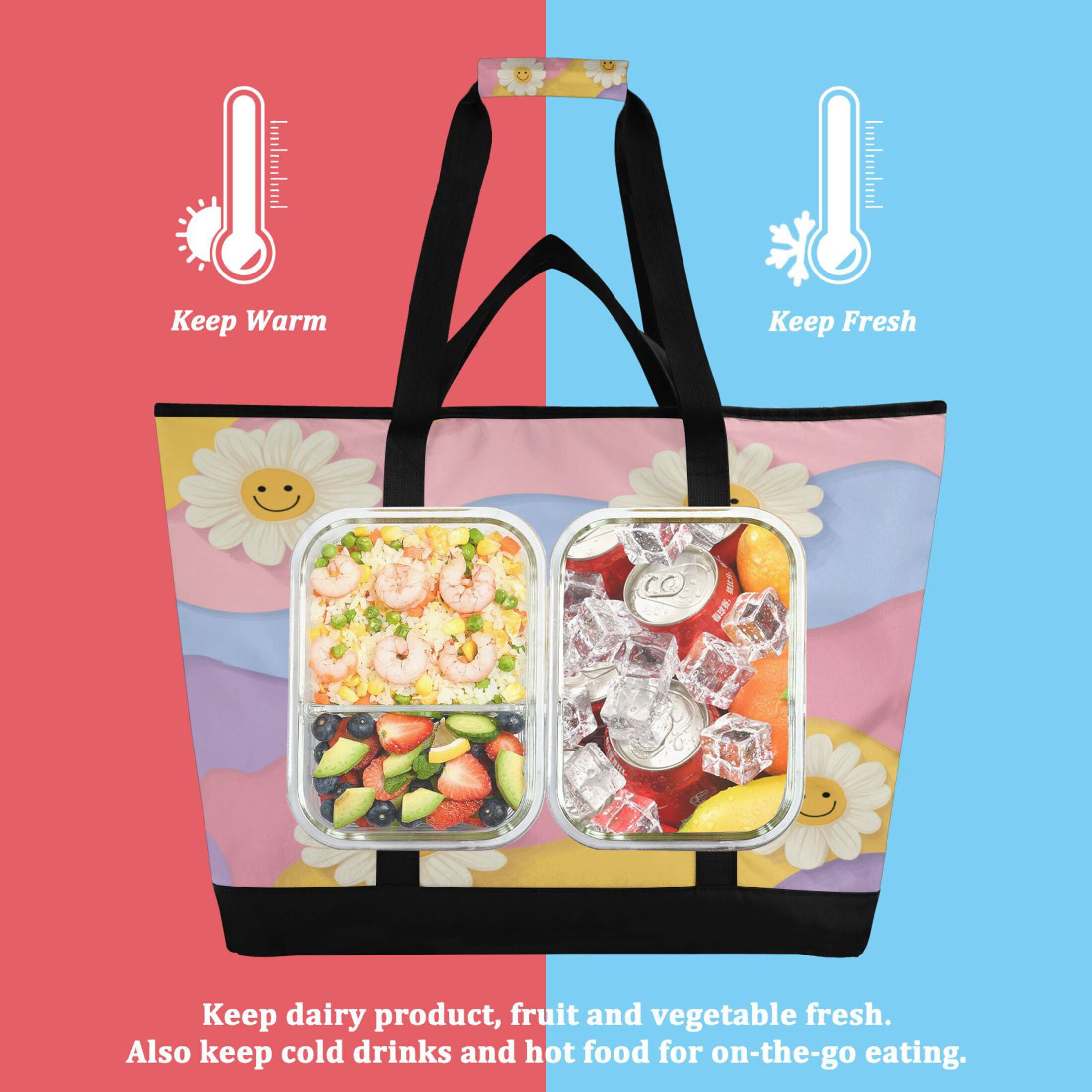 Extra-Large Wide Opening Design Capacity Hand-Held Ice Pack Thickened Insulation Layer For Long-Lasting Cold Retention For Outdoor Shopping Picnics And Camping Cute Adorable Smiling Daisies