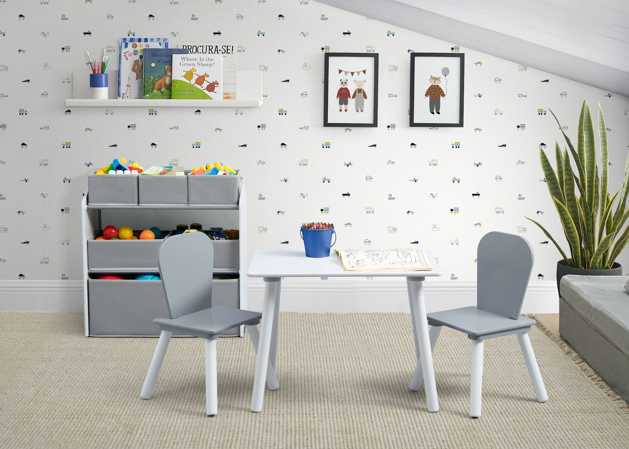 Delta Children 4-Piece Toddler Playroom Set – Includes Play Table, 2 Chairs and and 6 Bin Toy Organizer with Reusable Vinyl Cling Stickers, Light Grey/Dark Grey