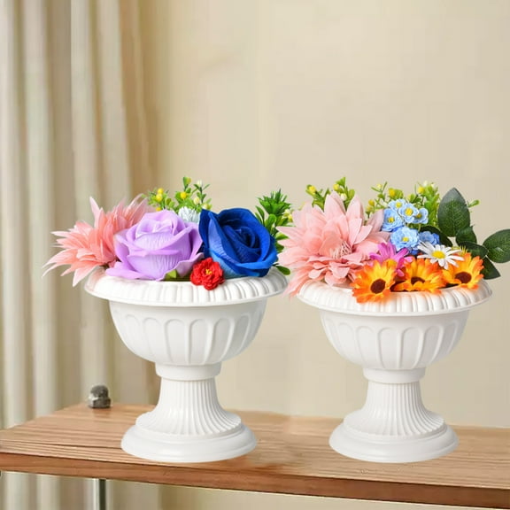 European Roman Style Plastic Flower Pot | 2-Pack White Planters for Artificial Flowers & Home Decor | 6.2x6.2x5.5 Inch Gardening Containers