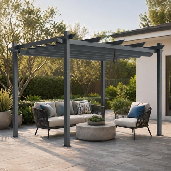 Outdoor Aluminum Retractable Pergola Canopy Shelter, 10 X 12 Ft, Gray, Rust-Resistant Metal Frame