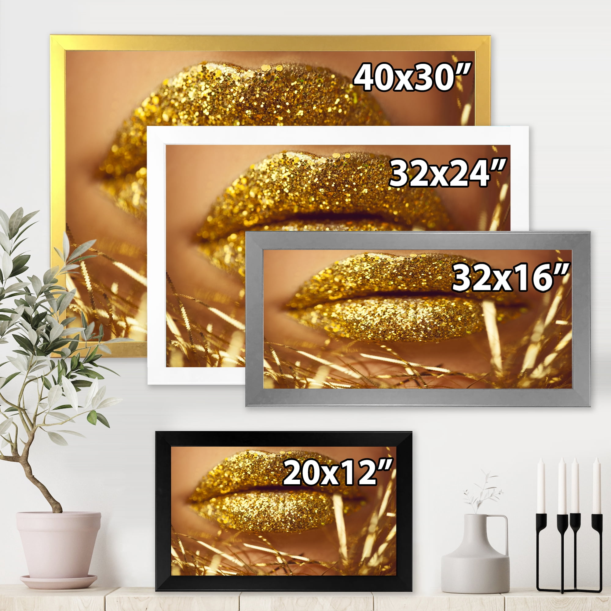 Designart 'Golden Female Lips' Modern Framed Art Print