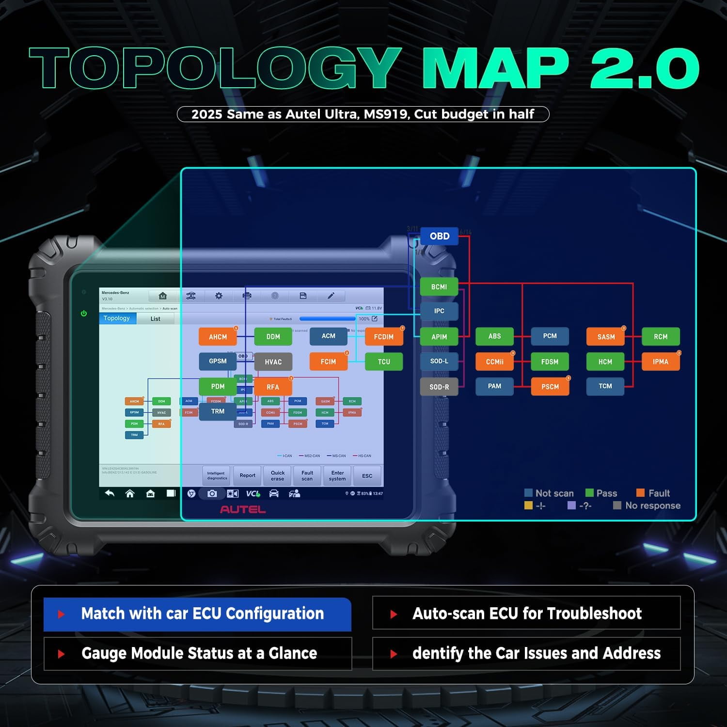 Autel Scanner MaxiSys MS909 Top Intelligent Diagnostic Scan Tool Topology 2.0,  40+ Service, Active Tests, 2 Year Free Update, Same as MS Ultra MS919