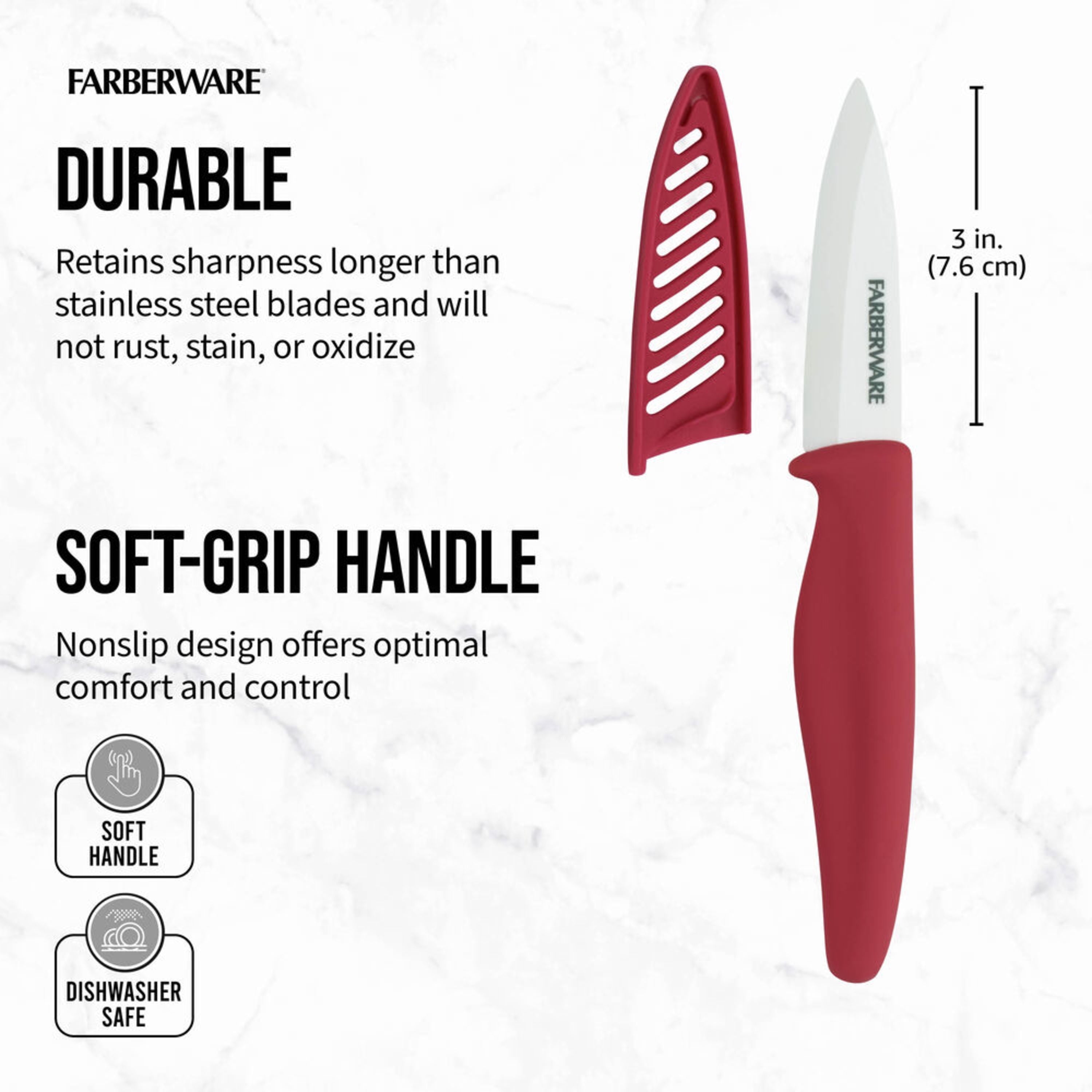 (3 pack) Farberware Professional 3-inch Ceramic Paring Kitchen Knife with Red Blade Cover