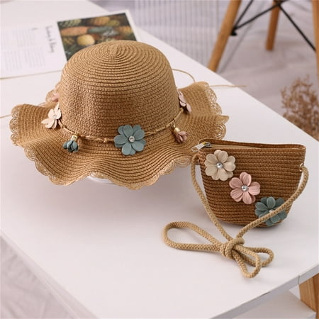 

Baby Accessories Baby Hats Kids Children Girls Flower Lovely Sunshade Straw Beach Sun + Straw Bag Hat