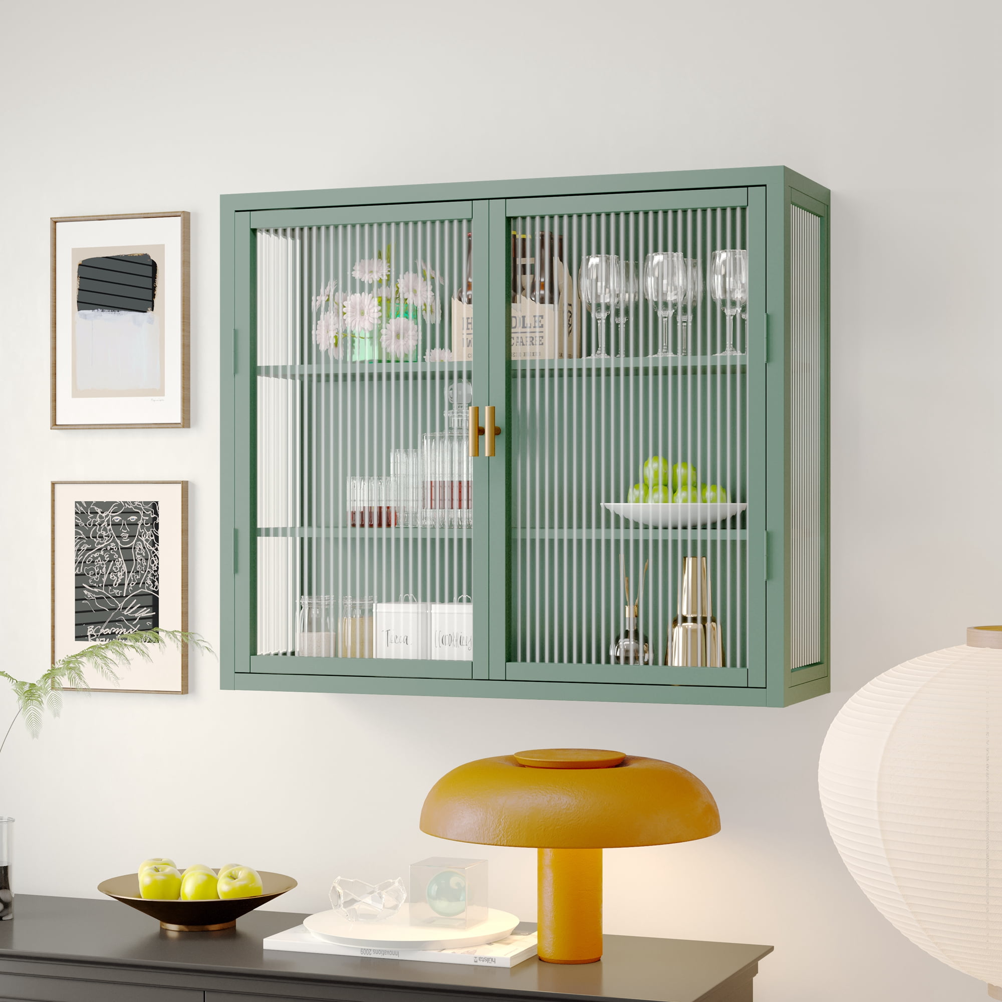 Retro Style Haze Double Glass Door Wall Cabinet With Detachable Shelves ...