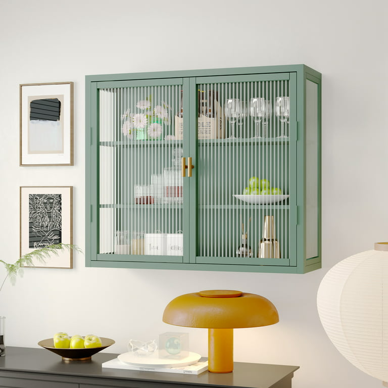 Retro Style Haze Double Glass Door Wall Cabinet With Detachable Shelves For Office Dining Room Living Kitchen And Bathroom Mint Green Com