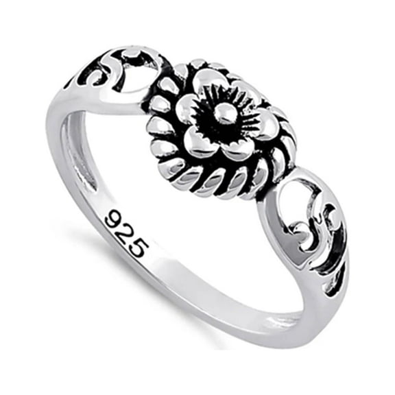 925 Sterling Silver Oxidized Platinum Plated Flower Hear Women Valentines Day Gifts Ring