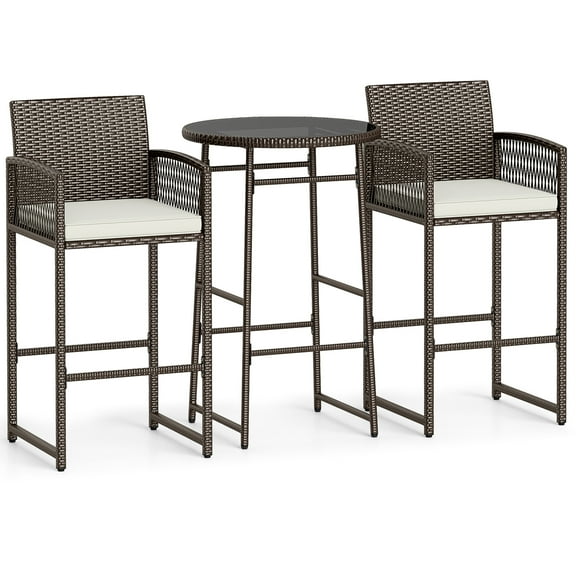 Gymax 3 Piece Wicker Patio Bar Set w/ 2 Seat Cushions Glass Tabletop for Backyard