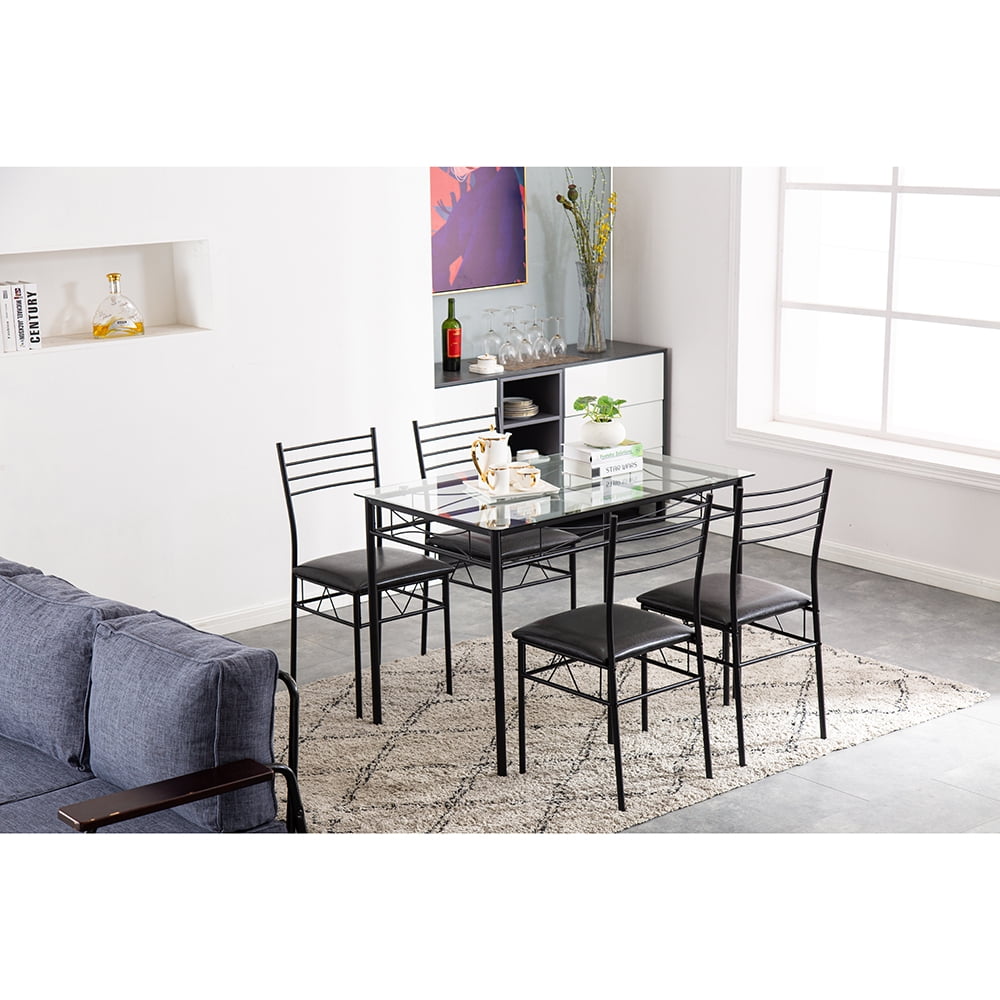 IMSHIE [110 X 70 X 76CM] Iron Glass Dining Table And Chairs Black One Table And Four Chairs Pu