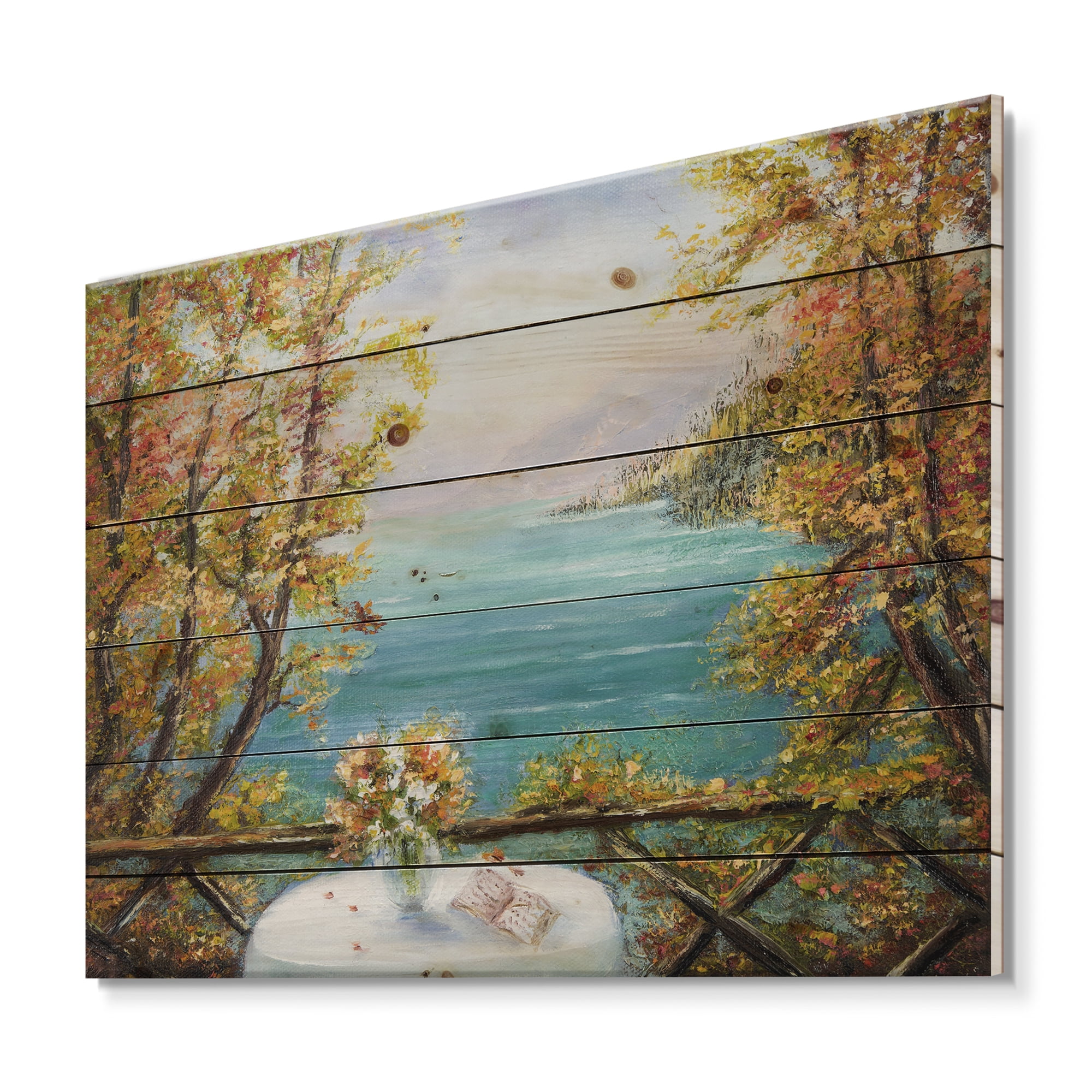 Designart 'The Blue Ocean View From Terrace' Nautical & Coastal Print on Natural Pine Wood