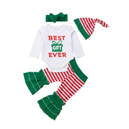 

EYIIYE Baby Girl Long Sleeve Xmas Romper Pants Set with Bow Headdress and Hat
