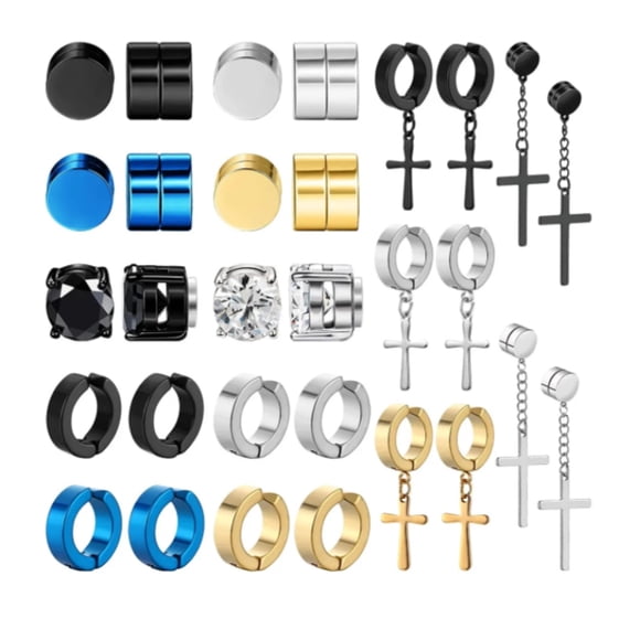 30 Piezas Aretes Falsos Piercing Hombre Imán Acero Cruz