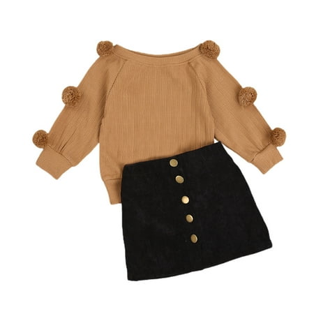 

Baby Girl Long Sleeve Round Neck Pompom Knitwear + Decorative Button Skirt