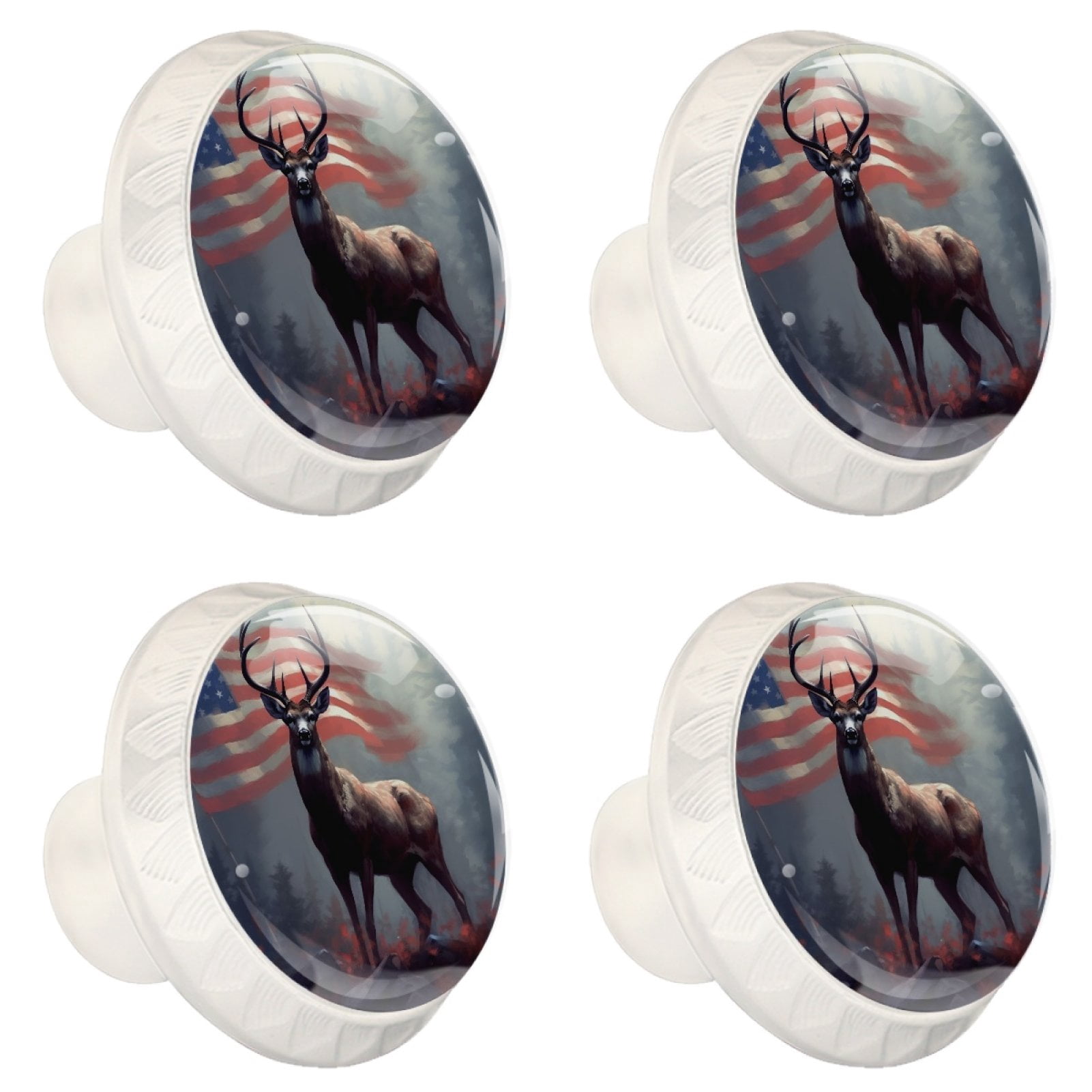 4 Pcs Deer and American Flag Knobs for Kitchen Cabinet Cupboard Dresser Bookcase Drawer Pulls Handles Round Home Decor