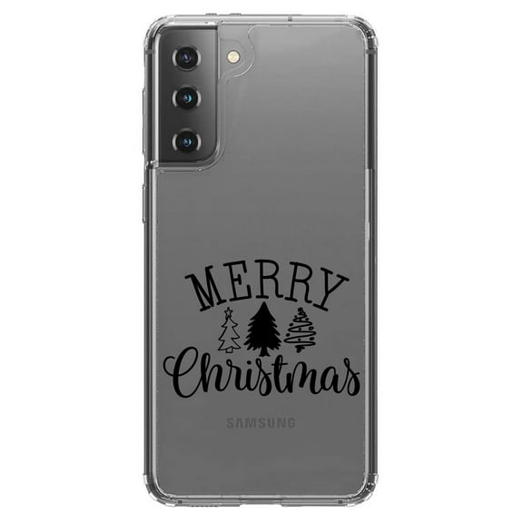 DistinctInk Clear Shockproof Hybrid Case for Galaxy S21  PLUS 5G (6.7" Screen) - TPU Bumper Acrylic Back Tempered Glass Screen Protector - Merry Christmas Doodle Trees