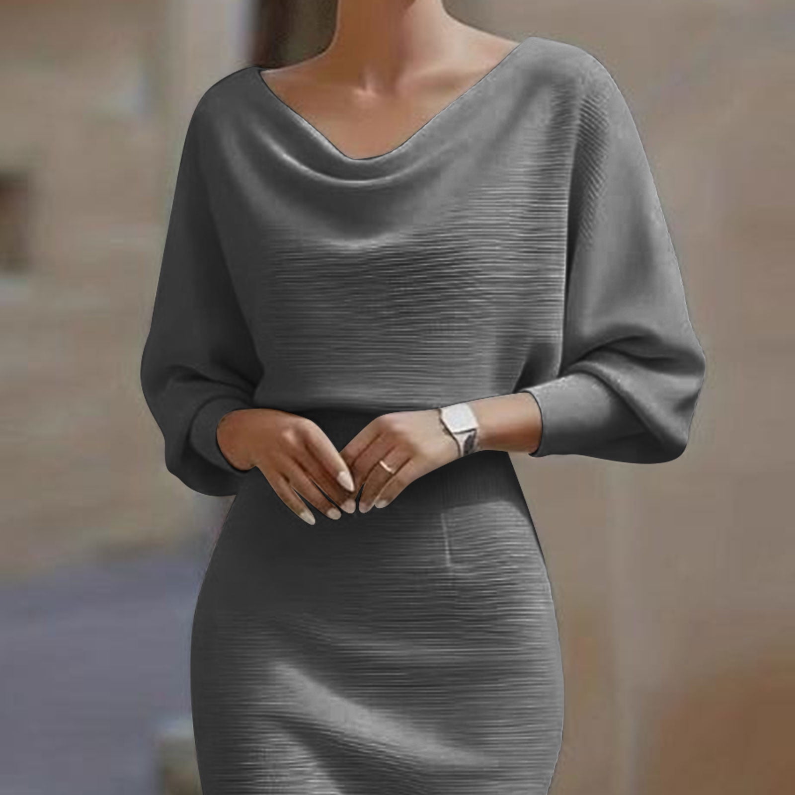 Women's Cowl Neck Bodycon Work Dresses, Elegant 3/4 Batwing Sleeve Business Office Church Pencil Dress