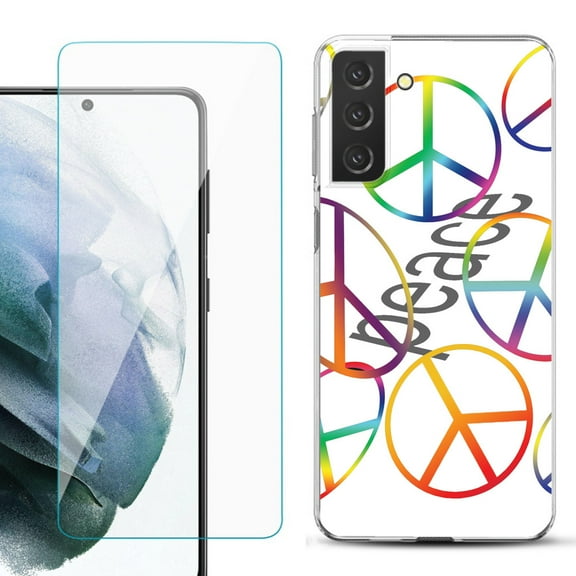 Slim-Fit TPU Fashion Phone Case for Samsung Galaxy S21 FE 5G Fan Edition, with Tempered Glass Screen Protector, by OneToughShield ® - Colorful Peace