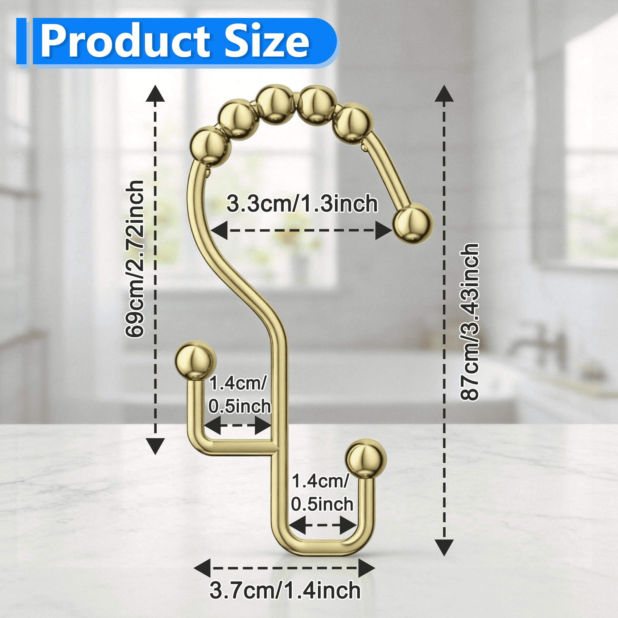 12 Pack Shower Curtain Hooks Rings, Double Shower Curtain Hooks, Roller Ball Metal Curtain Rings, Rust Proof Decorative Shower Curtain Hooks for Bathroom Curtain Rod