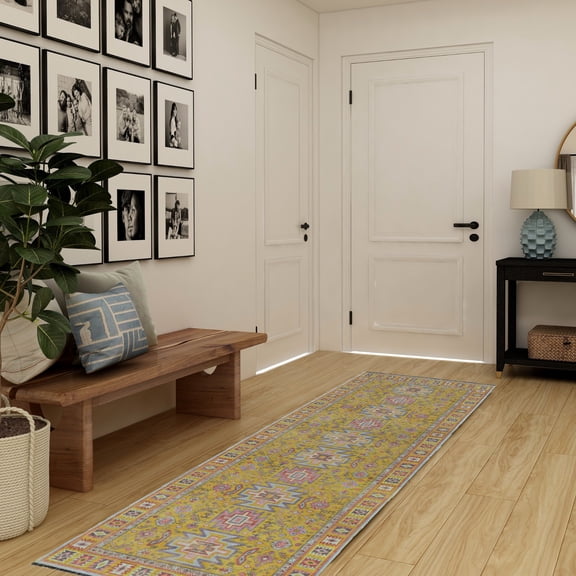 Contemporary Home Living 2' x 10' Geometric Medallion Rectangular Area Throw Rug Runner - Yellow and