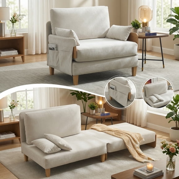 Foldable Sofa Bed, 3-in-1 Convertible Sleeper Chair, Chenille Small Space Sofa Bed for Apartment Guest Room, Beige