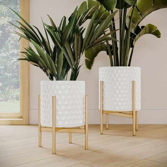 2-Piece Honeycomb Metal Planter Pot With 4-Leg Gold Metal Base - White - 14.75"H x 11.75"W / 12"H x 9.5"W
