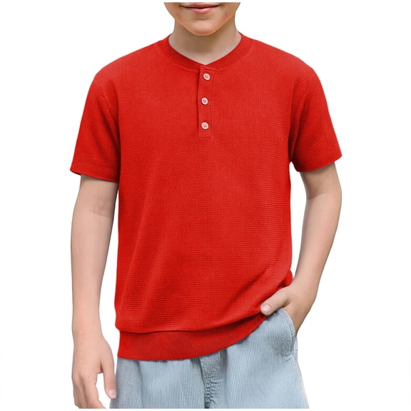 Kukoosong Boys' Henley Neck Knit T-Shirt, Summer Short Sleeve Casual Tops for Kids, Breathable Waffle Tees with Button Placket