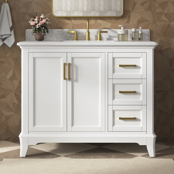 DELUXE LIVING 42" Bathroom Vanity with Single Sink, Full Assembled, Bianco Bella Quartz Top, White