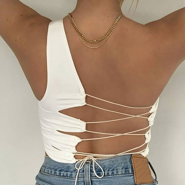 EGNMCR Camisoles pour Femmes Femmes Mode Col en V Uni Bandage Dos Nu Ajusté Sans Manches Hauts Blouse