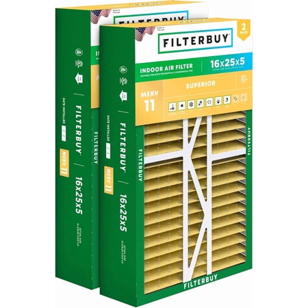 Filterbuy 16x25x5 Air Filter MERV 11 Allergy Defense, Pleated HVAC AC Furnace Filter Replacement for Amana, Goodman & More, 2-Pack