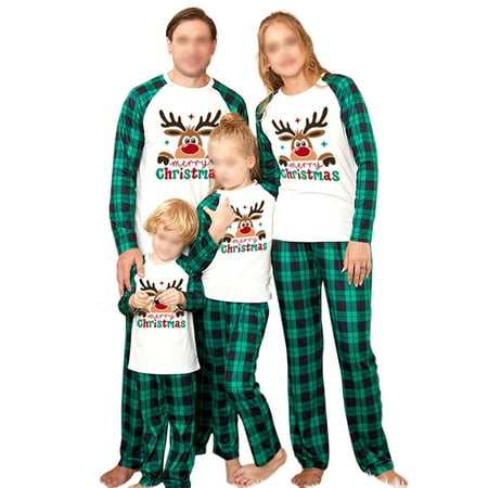 

Lumento Women Men Kids Plaid Casual Sleepwear Soft Long Sleeve Nightwear Animal Cartoon Elastic Waist Matching Family Pajamas Set Green Dad XL