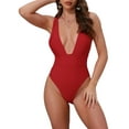 thumbnail image 1 of INSPIRE CHIC Monokini de una pieza para mujer con escote en V profundo, bikini sin espalda, traje de baño moldeador de tirantes anchos, tamaño X-Small, color rojo, 1 of 5