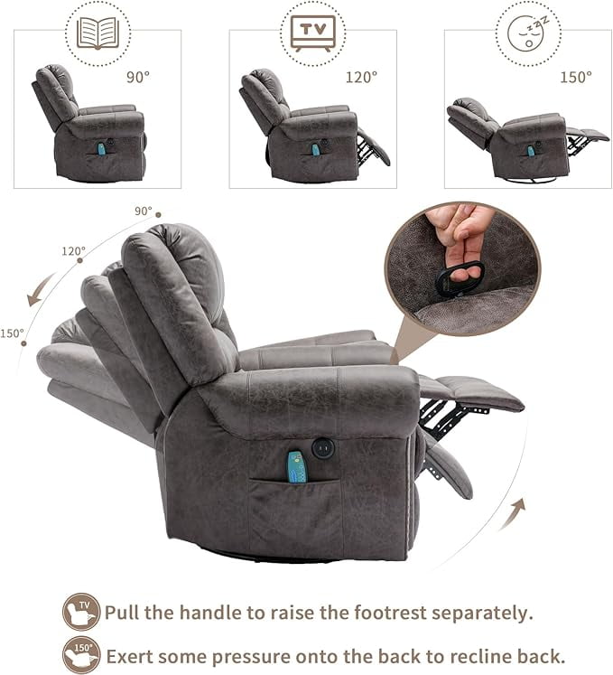 EPICOZY Manual Massage Swivel Rocker Recliner with Heat and Vibration, 360° Swivel Glider Rocking Recliner Chair, Classic Living Room Lounge Recliners with Side Pockets & USB Ports, Dark Gray