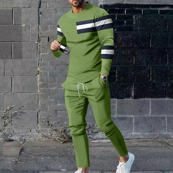 Wavsuf Men's Sweatsuits Set 2 piece Jogger Set for Men Tight Shirt Sweatshirt and Sweatpants Green Size 5XL