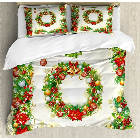 Christmas Duvet Cover Set King Size, Old Fashioned Nostalgic Christmas Graphic Banners with a Greeting Text Art Print, Decorative 3 Piece Bedding Set with 2 Pillow Shams, Multicolor, by Ambesonne