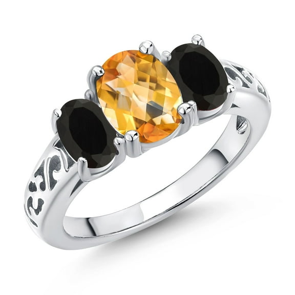 Gem Stone King 925 Sterling Silver Yellow Citrine and Black Onyx Filigree Style 3 Stone Ring for Women (2.05 Cttw, Oval 8X6MM and 6X4MM) (Size 7)