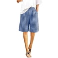 thumbnail image 6 of yillto Women Plaid Long Shorts Wide Leg Baggy 5 Inch Knee Length Elastic Waist Shorts with Pockets, 6 of 7