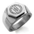 thumbnail image 1 of Stainless Steel Vegvisir Web of Wyrd Skuld’s Net Viking Engraved Hexagon Crest Flat Top Biker Style Polished Ring, 1 of 1