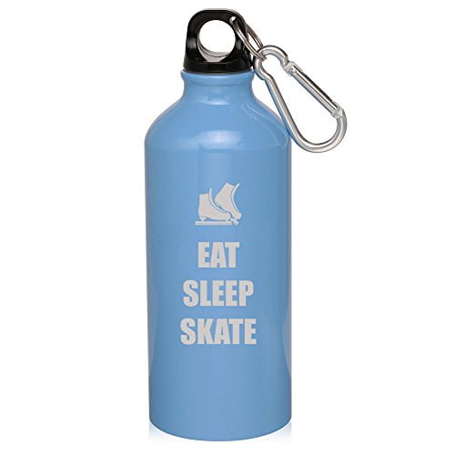 20oz Aluminum Sports Water Bottle Caribiner Clip Eat Sleep Skate Ice Skates (Light Blue) by