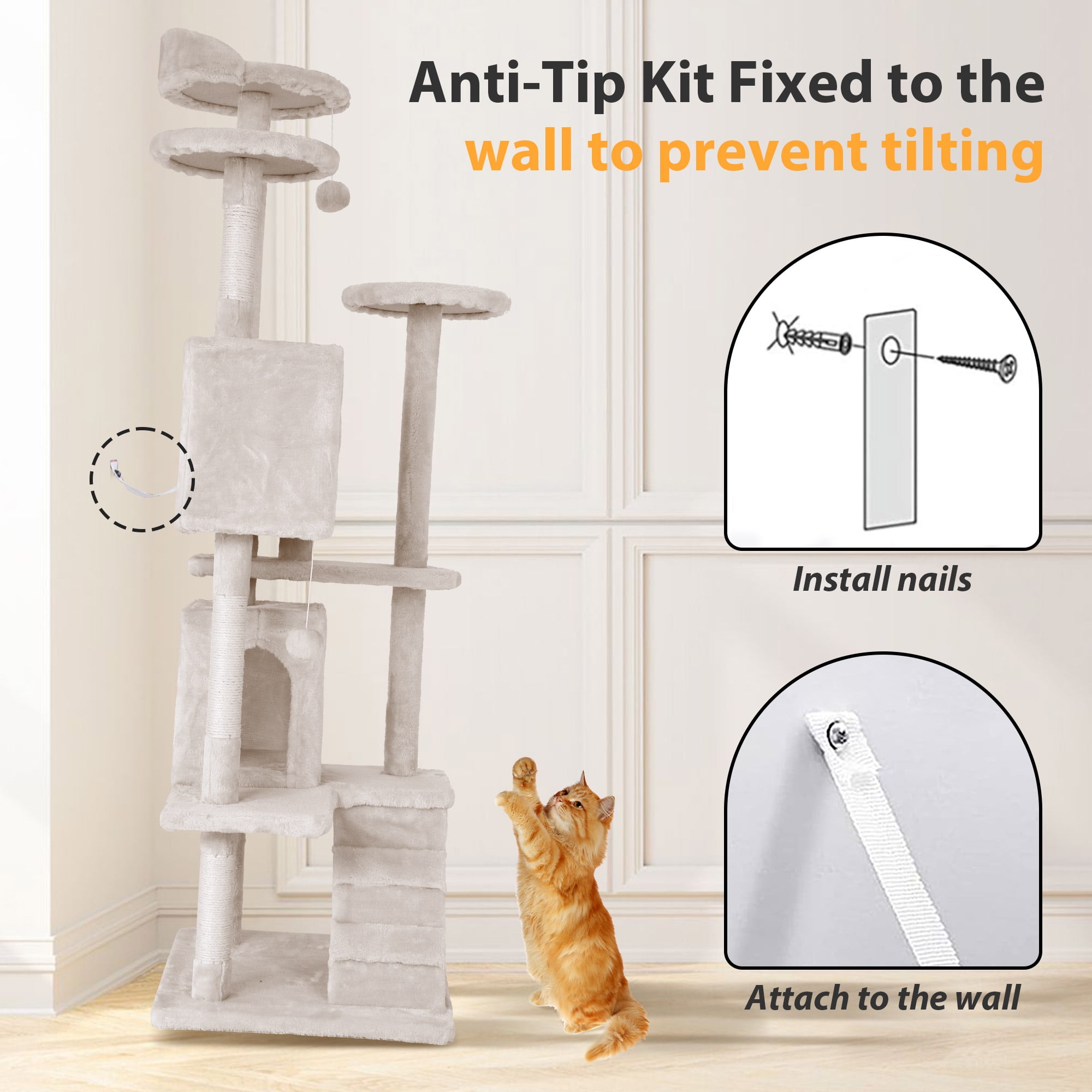 CL.HPAHKL Cat Tree Tower Tall for Indoor Cats, 54in Multi-Level Durable Cat Tower Cat Condo Scratch Post with Natural Sisal Rope Cat Stands for Cats Kitten, Beige