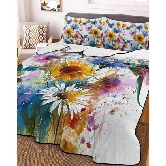 Hummingbird Twin Size Down Alternative Comforter, Lightweight Comforter Quilt Bedding Set with Pillow Shams Spring Farmhouse Oil Painting Sunflowers All Seasons Bed Comforter Duvet Insert 68"x86"