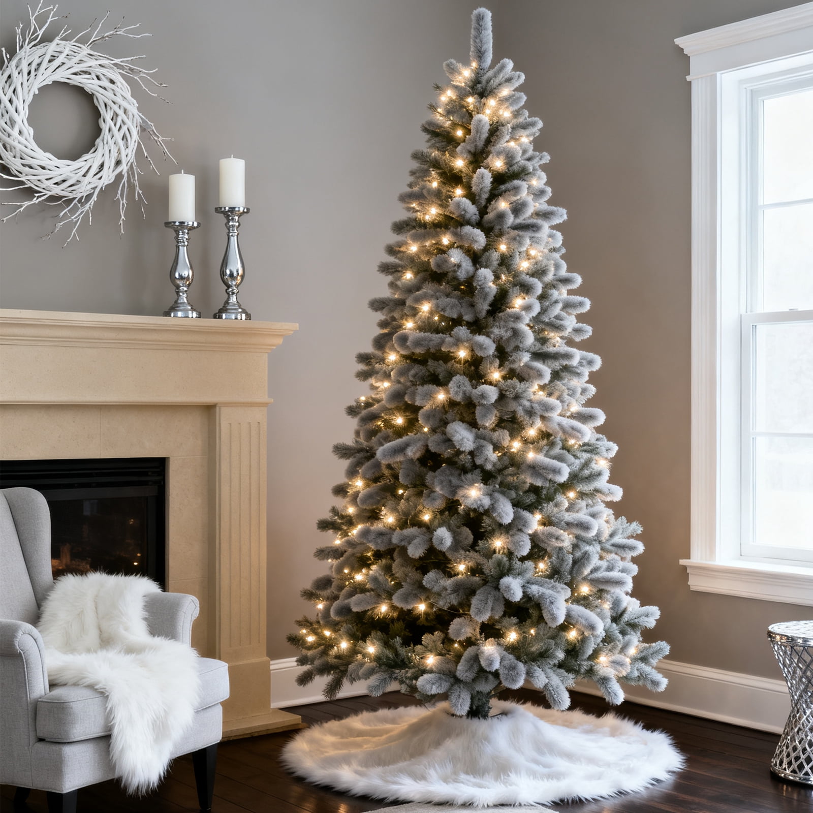 Sanmadrola Christmas Tree Skirt 48 Inch Faux Fur Xmas Plush Tree Skirt Winter Large Christmas Tree Mat Holiday Party Christmas Tree Decorations, Snowy White