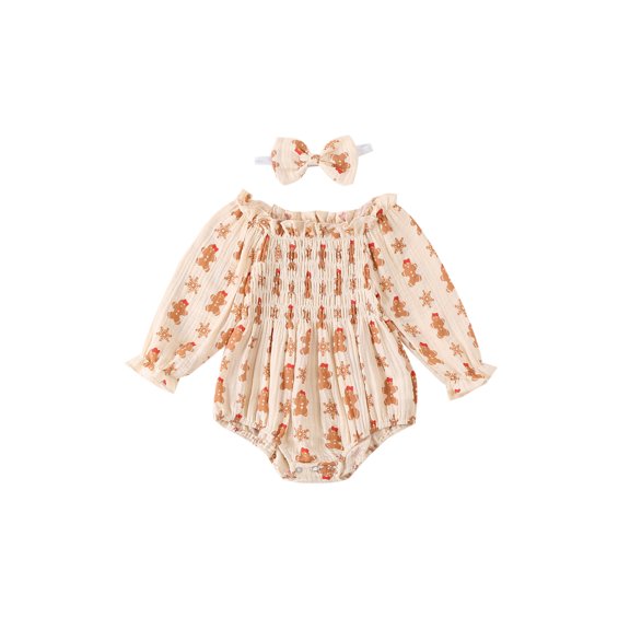 Baby Girls Christmas Romper Santa Gingerbread Long Sleeve Ruched Bodysuit Headband Set Newborn Fall Winter Clothes