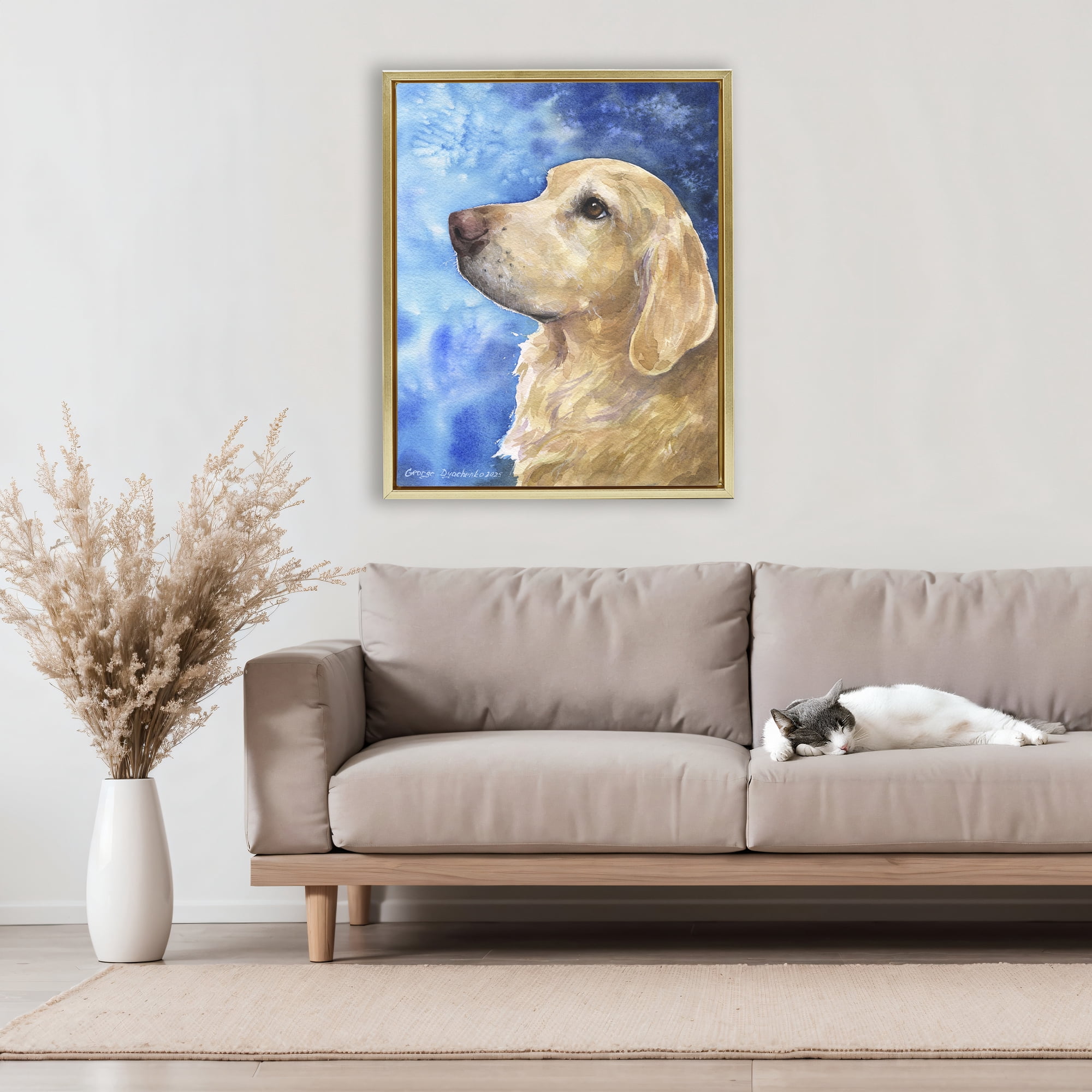 Stupell Industries Golden Retriever Portrait on Azure Gold Framed Floater Canvas Wall Art, design by George Dyachenko